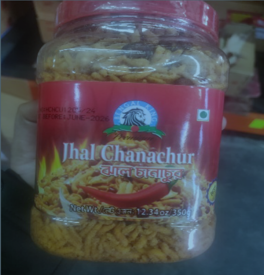 Image of Jhal Chanachur food in a clear plastic container.